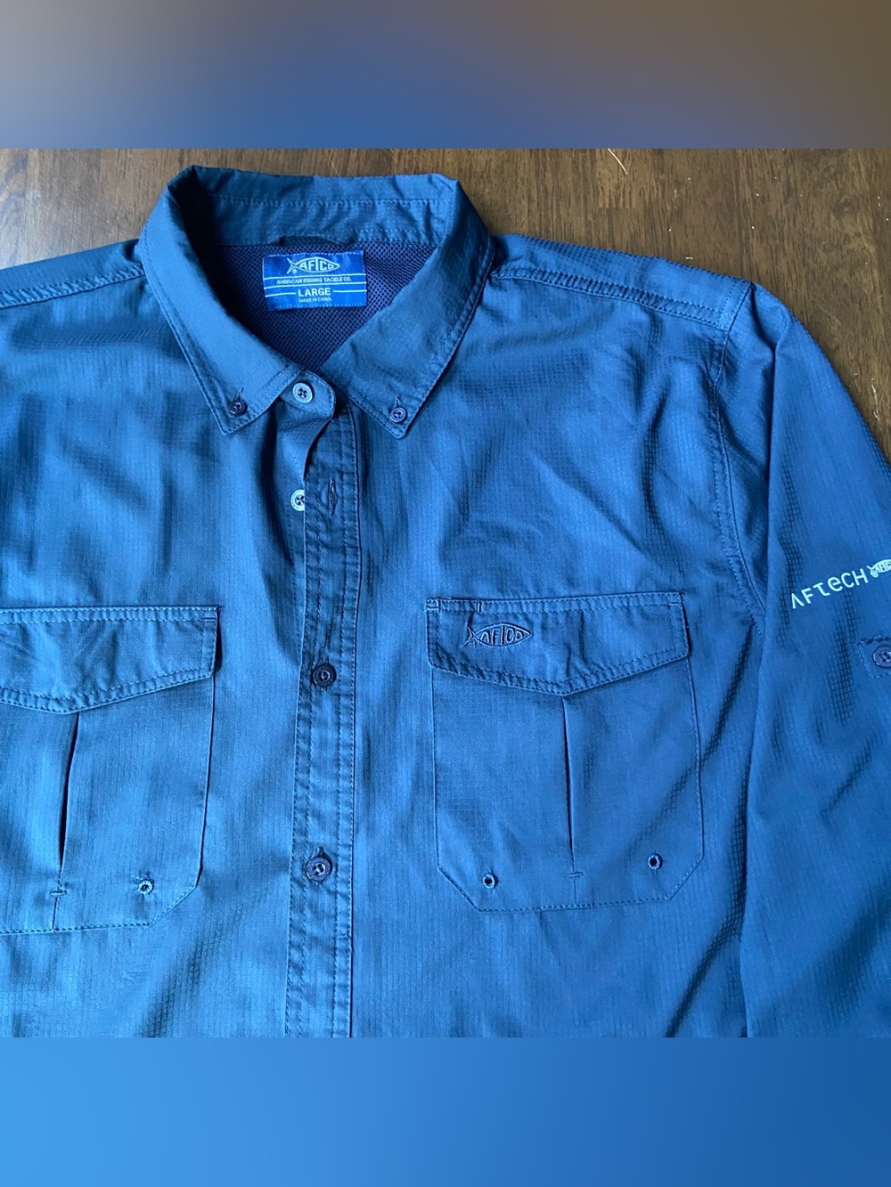 AFTCO AFTECH Mens Large Blue Long Sleeve Fishing Shirt Vent Button Front Ripstop